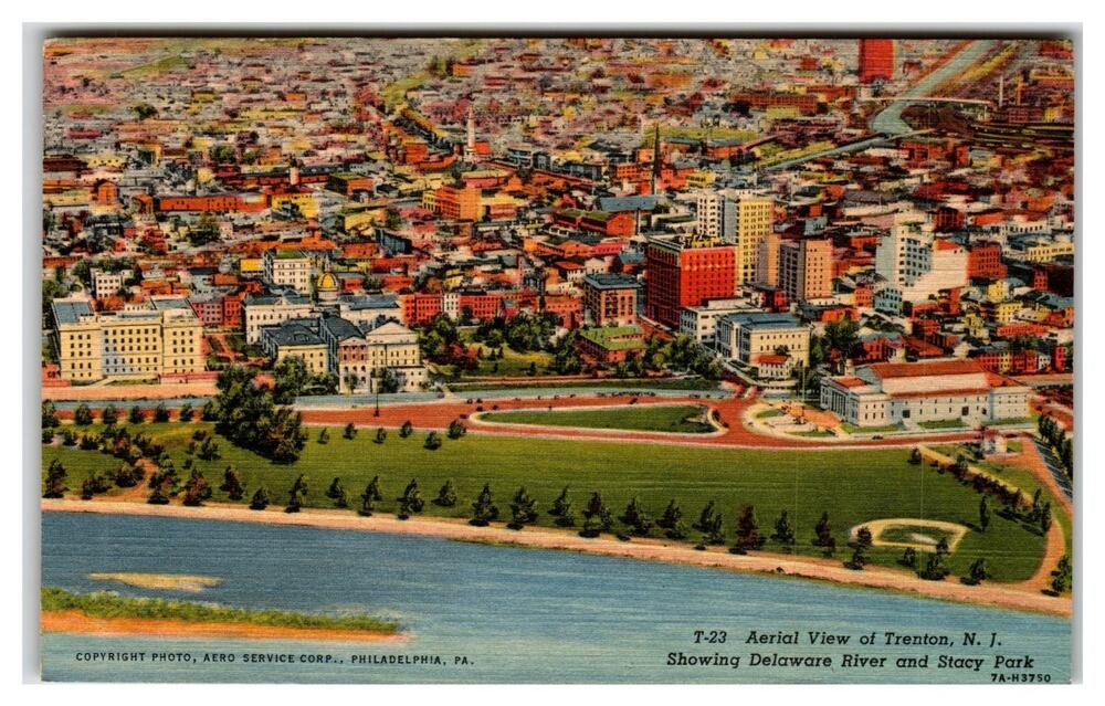 Trenton NJ Aerial View Delaware River Stacy Park 1960 Curt Teich Postcard